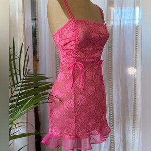 Y2K VS Hot Pink Lace Slip Dress with Ruffle Hem and ruched side detail